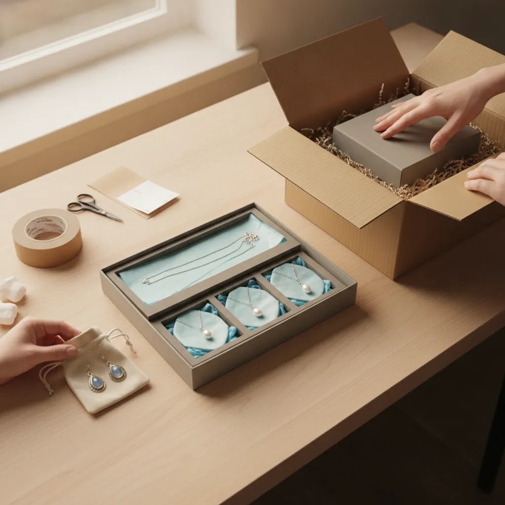 Best packaging ideas for handmade jewelry in a secure shipping setup with protective inserts, pouches, tissue wrap, and mailing box