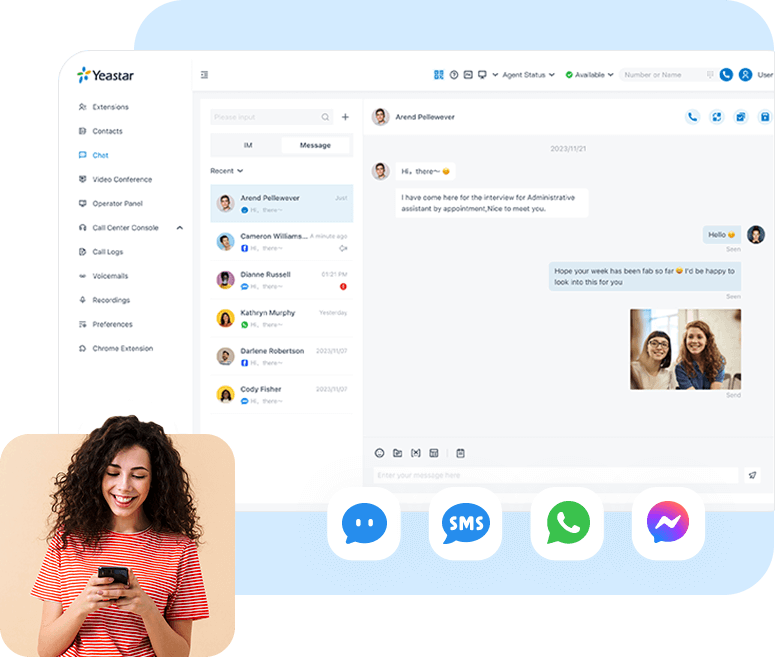 Consola de mensajería omnicanal con WhatsApp, SMS y chat web integrados en la plataforma de comunicaciones