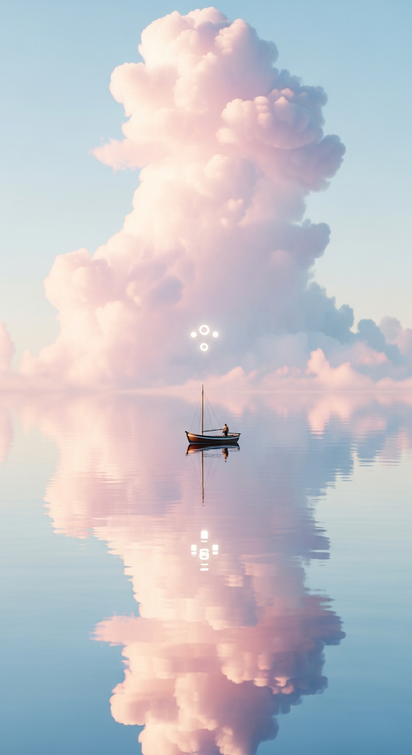 Minimalist Sailboat on Calm Water Under Giant Pink and Pastel Colored Clouds