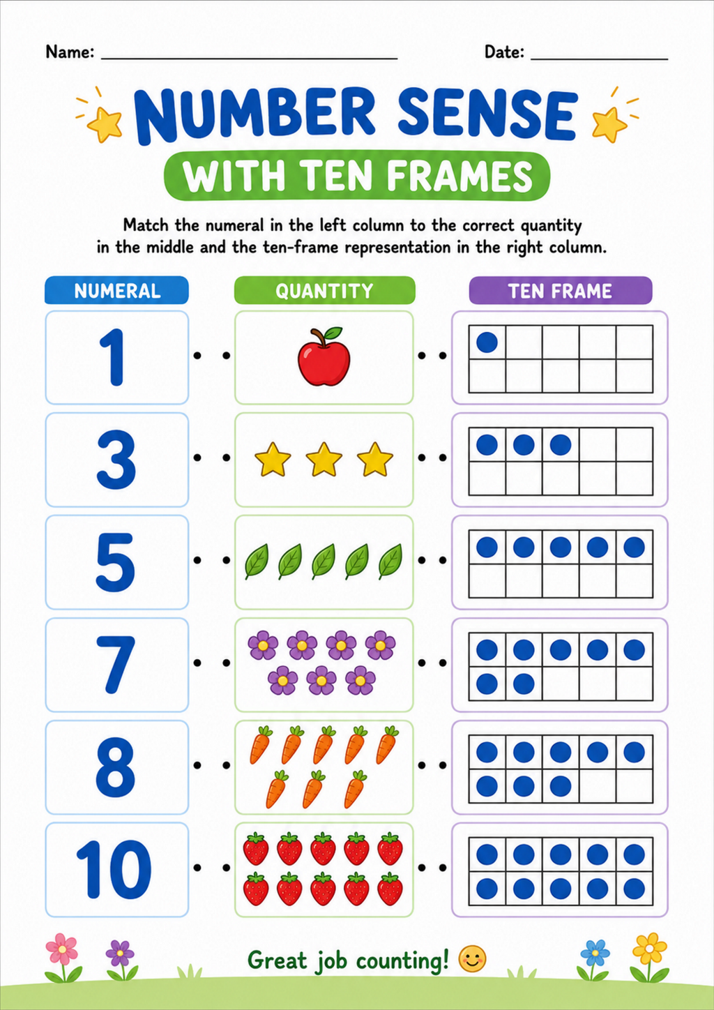 Number Sense with Ten Frames Worksheet