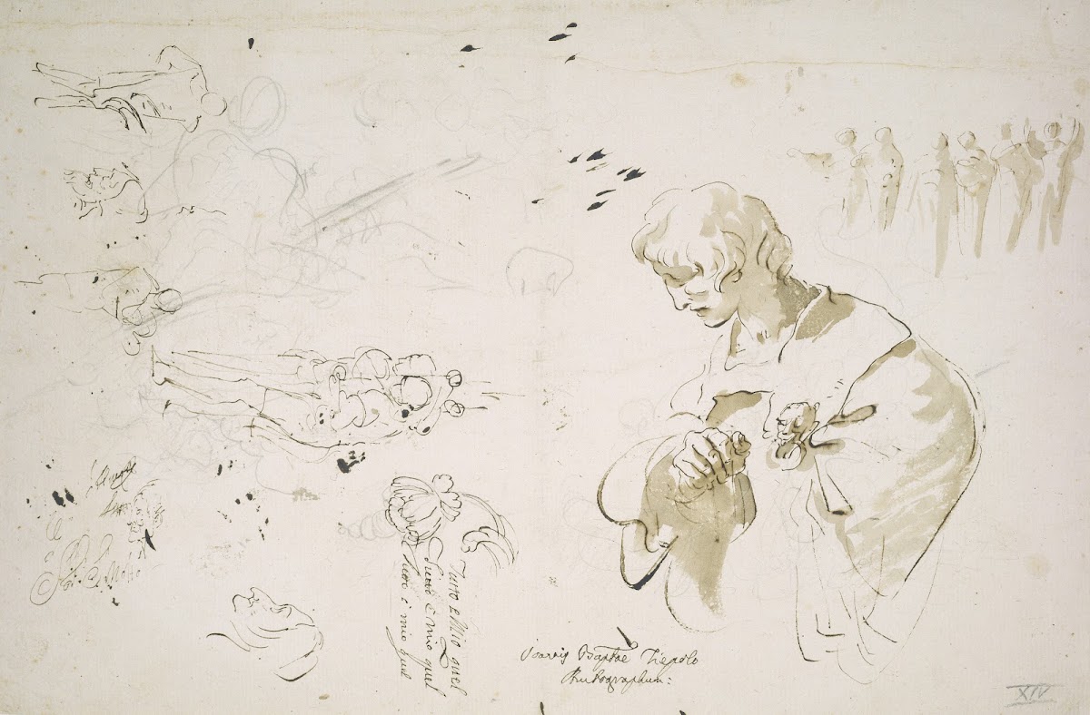 Study sheet with a young man in profile looking left studies of figures and head
