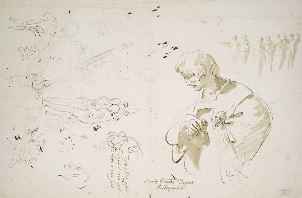 Study sheet with a young man in profile looking left studies of figures and head