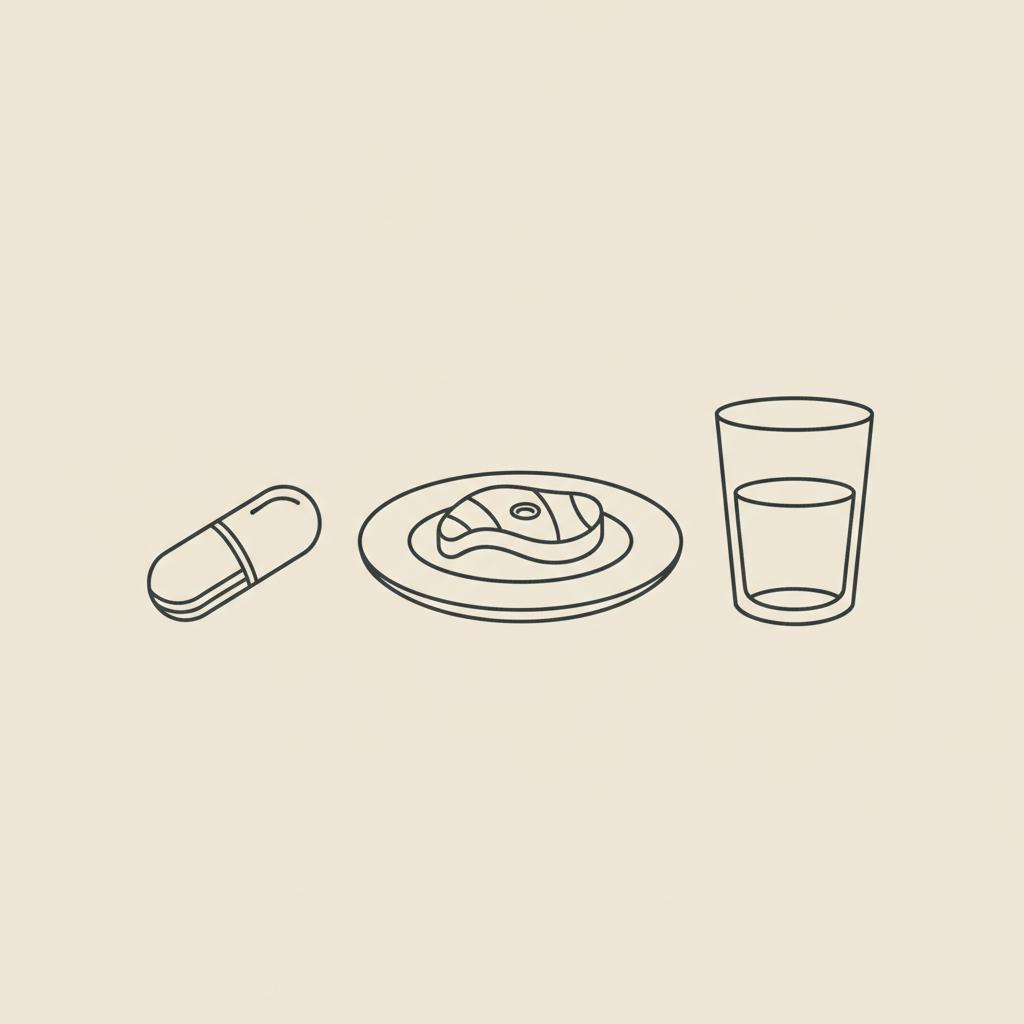 Minimalist line illustration of a capsule, small protein portion on a plate, and a water glass on beige background #F2E5D5 — conceptual image to flatten my tummy.