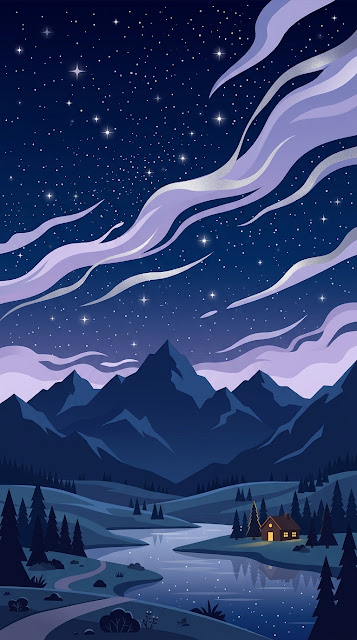 Cartoon Style Mountain Landscape Under a Starry Dark Blue Sky - Free mobile Wallpaper