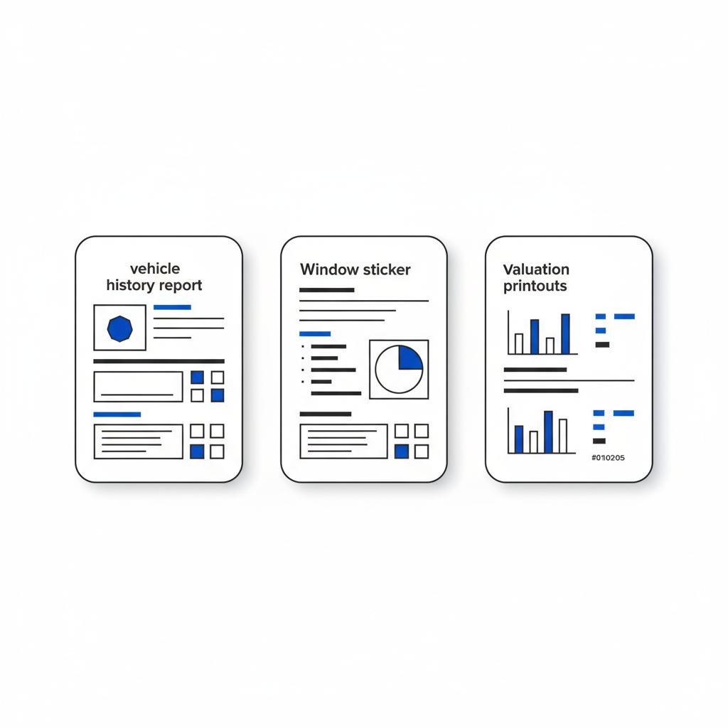 Minimalist 2D vector illustration of three printed documents on a white table showing a vehicle history report window sticker and valuation printouts for bmw m340i for sale