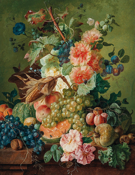 Flowers Fruit And A Corn On The Cob On A Table Ledge 1786