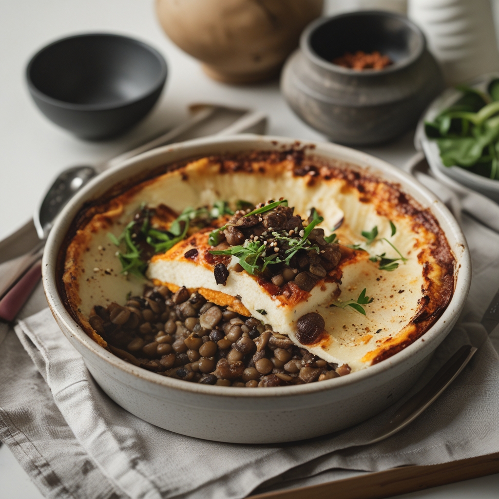 Spicy Miso-Glazed Lentil & Mushroom Shepherd's Pie with Sweet Potato Swirl