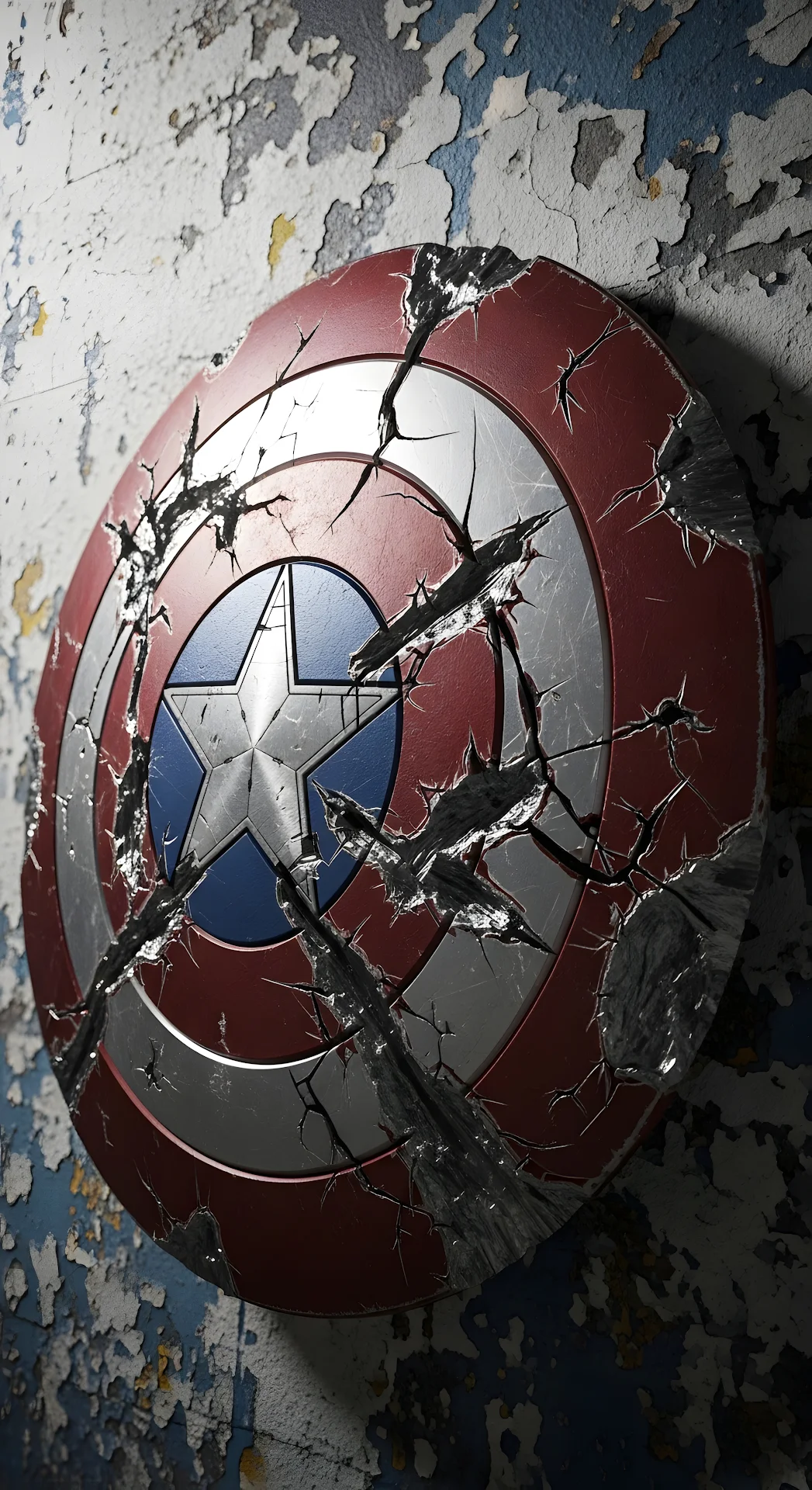 Severely Damaged Captain America Shield on Grungy Wall - Free 4K mobile Wallpaper