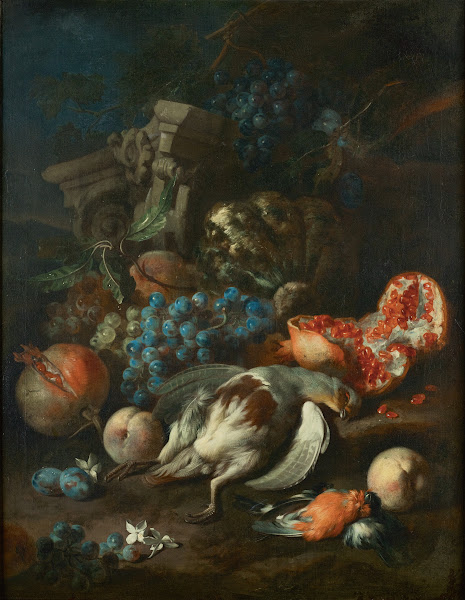 Früchtestück mit totem Rebhuhn und Gimpelmännchen 1720