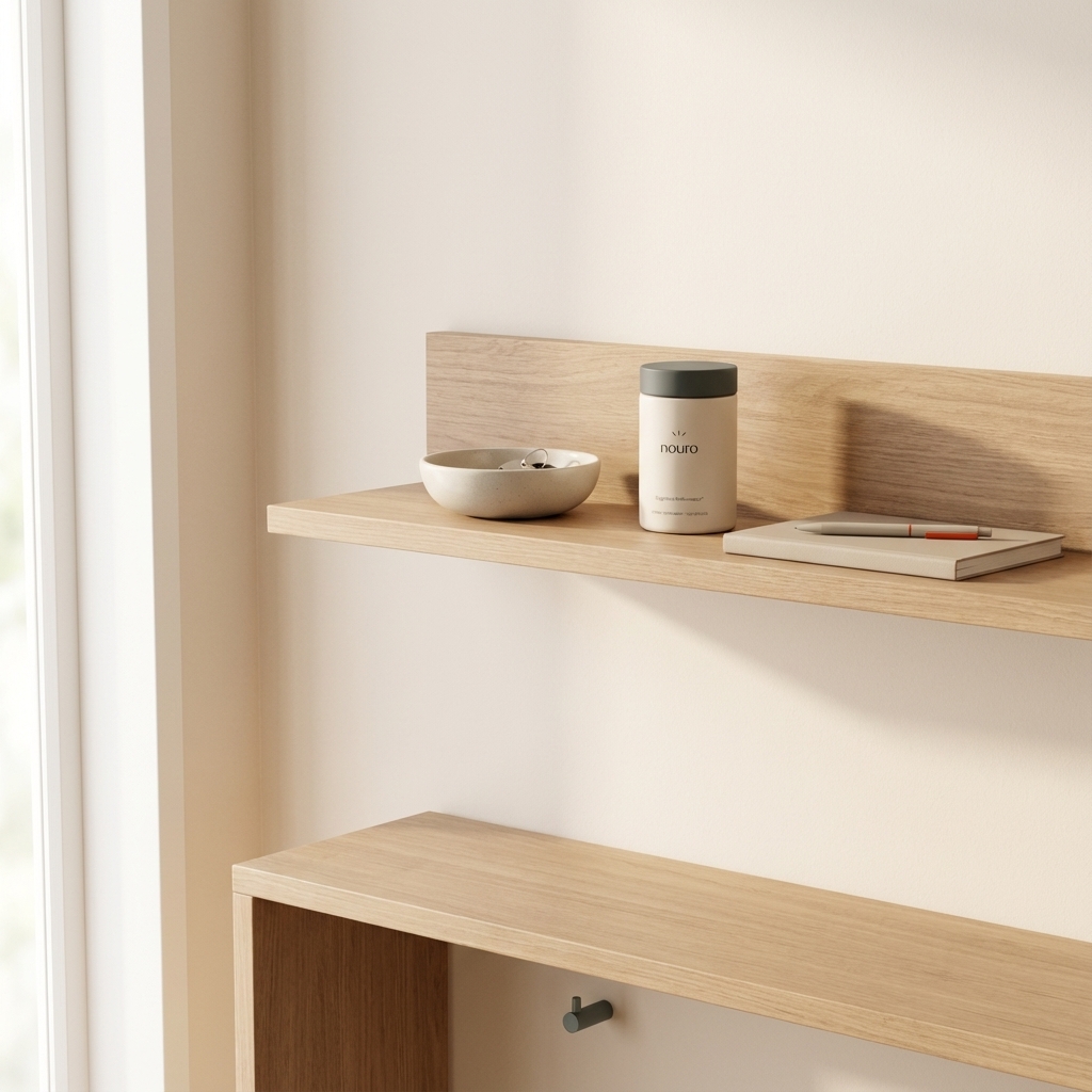 Tidy entryway shelf with Tonum supplement container, key bowl and notebook suggesting memory and planning routines for how to spot Alzheimer's early.