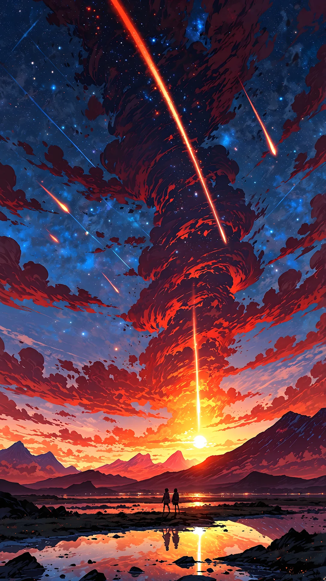 Dramatic Meteor Shower over Mountains at Fiery Sunset - Free 4K mobile Wallpaper