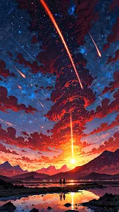 Dramatic Meteor Shower over Mountains at Fiery Sunset