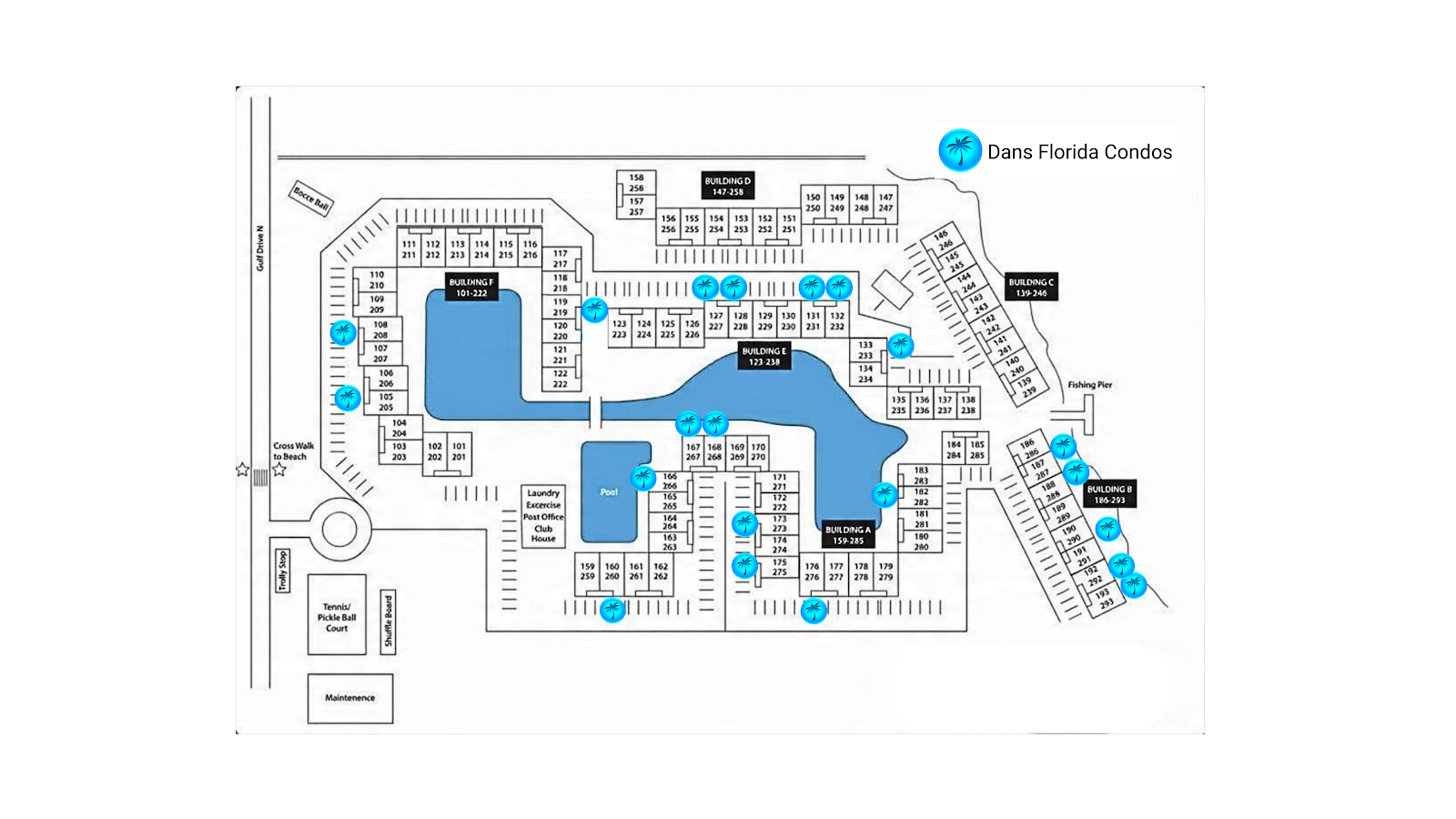 Property and community map of Dans Florida Condos on Anna Maria Island, building, unit, pool, tennis court, and beach-access locations