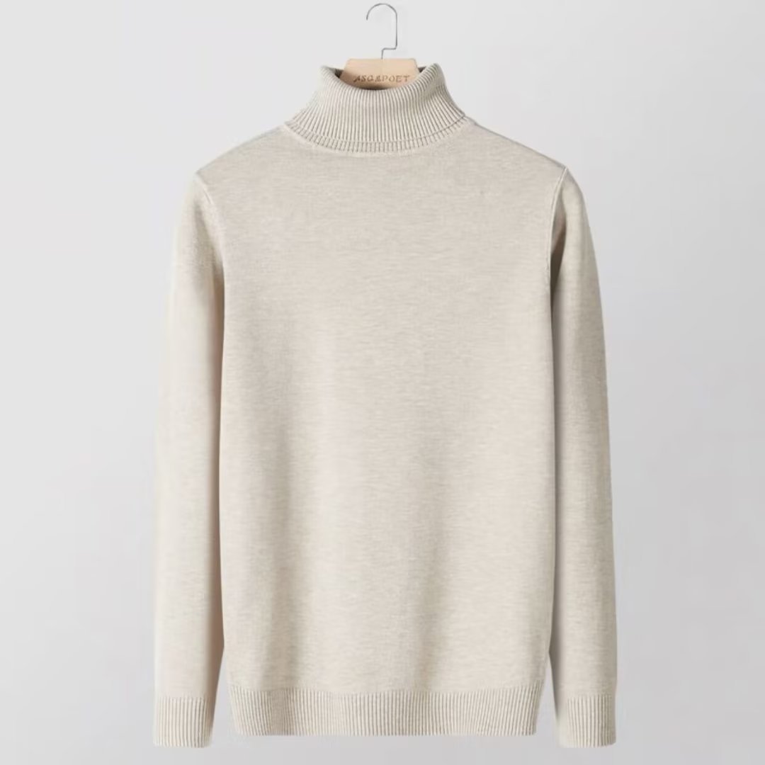 Men's knit sweater with a high collar, fitted