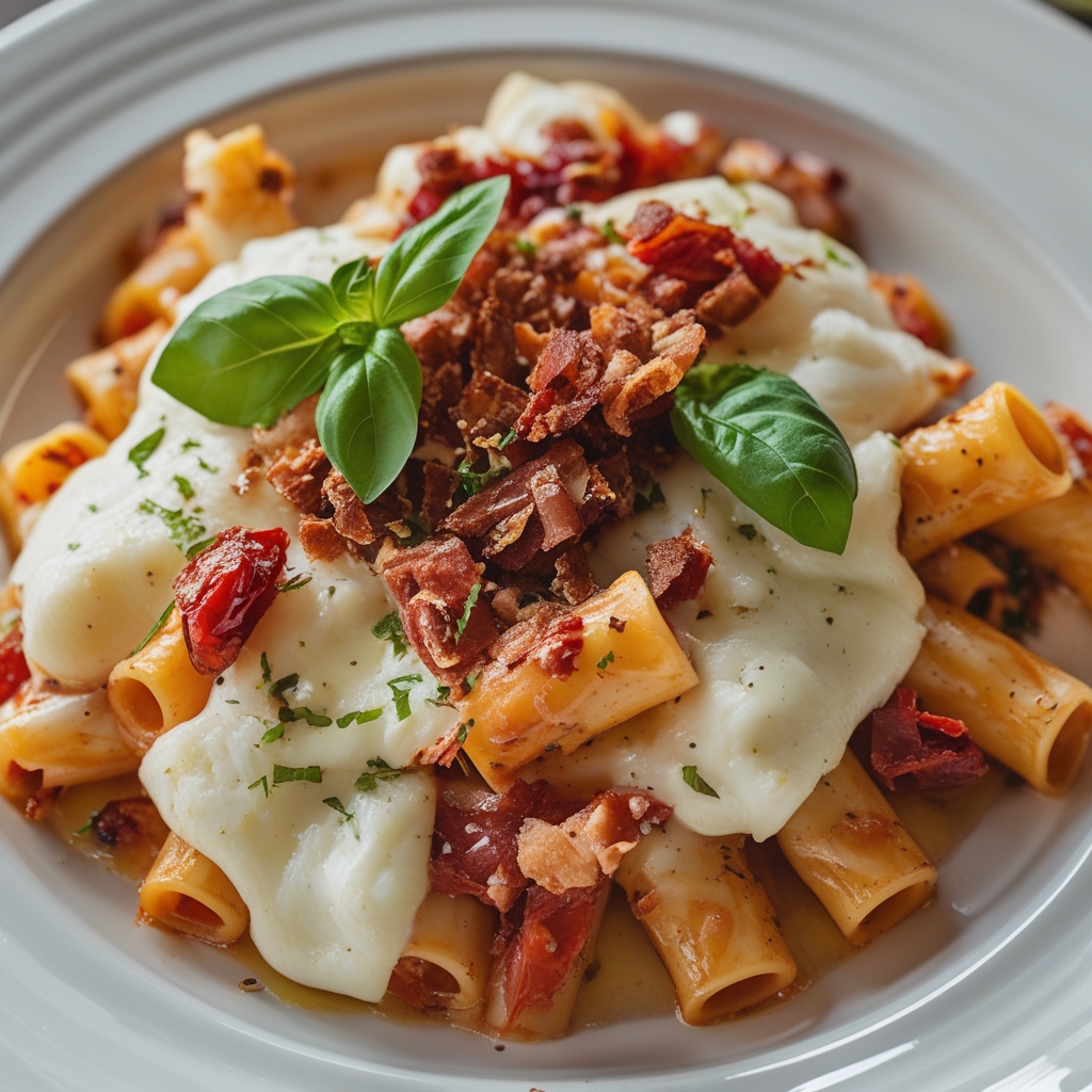 Final Smoked Mozzarella & Sun-Dried Tomato Baked Ziti with Crispy Prosciutto Crumble