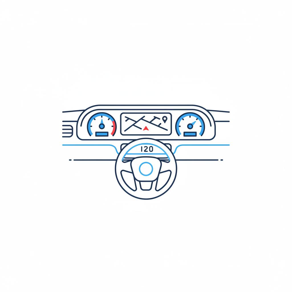 Minimalist 2D vector of a Corvette style dashboard and infotainment screen during a test drive showing gauges and navigation in CarFax Deals colors chevrolet corvette for sale