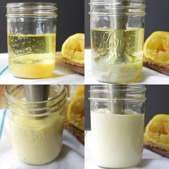 Cho máy đánh trứng vào xay. Trong 20 giây đầu sẽ thấy lớp sốt mayonnaise sẽ được hình thành ở lớp đáy, 5 giây sau là lớp giữa và 10-15 giây sau là xong! Tương tự với máy sinh tố cầm tay cũng làm vậy.