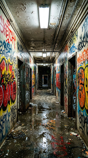 Abandoned Hallway Covered in Vibrant Colorful Graffiti - Free mobile Wallpaper