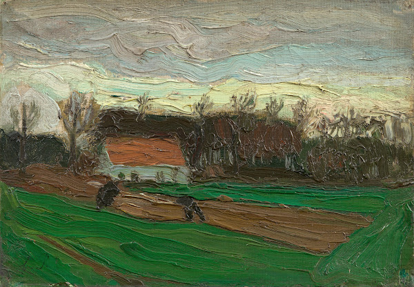 Landschaft mit Feld und Bauernhaus
