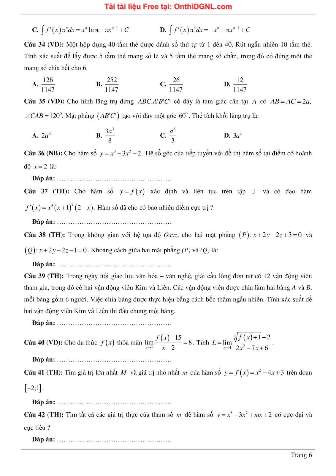 1300 bài tập môn Toán - Ôn thi ĐGNL ĐHQG Hà Nội Phần 10