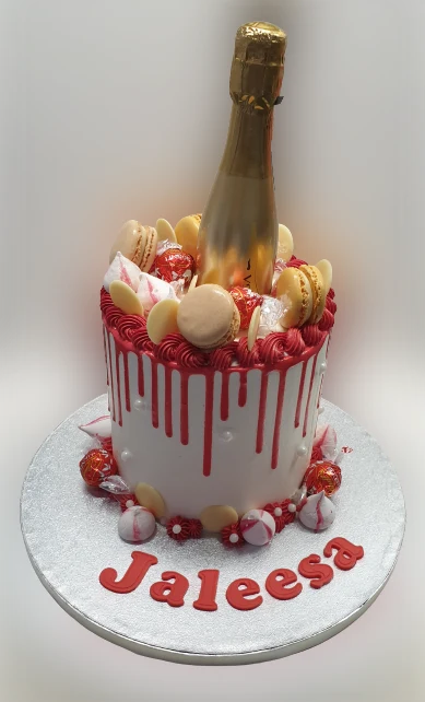 Red & Gold Themed Macarons Topped Birthday Cake CB-NC415
