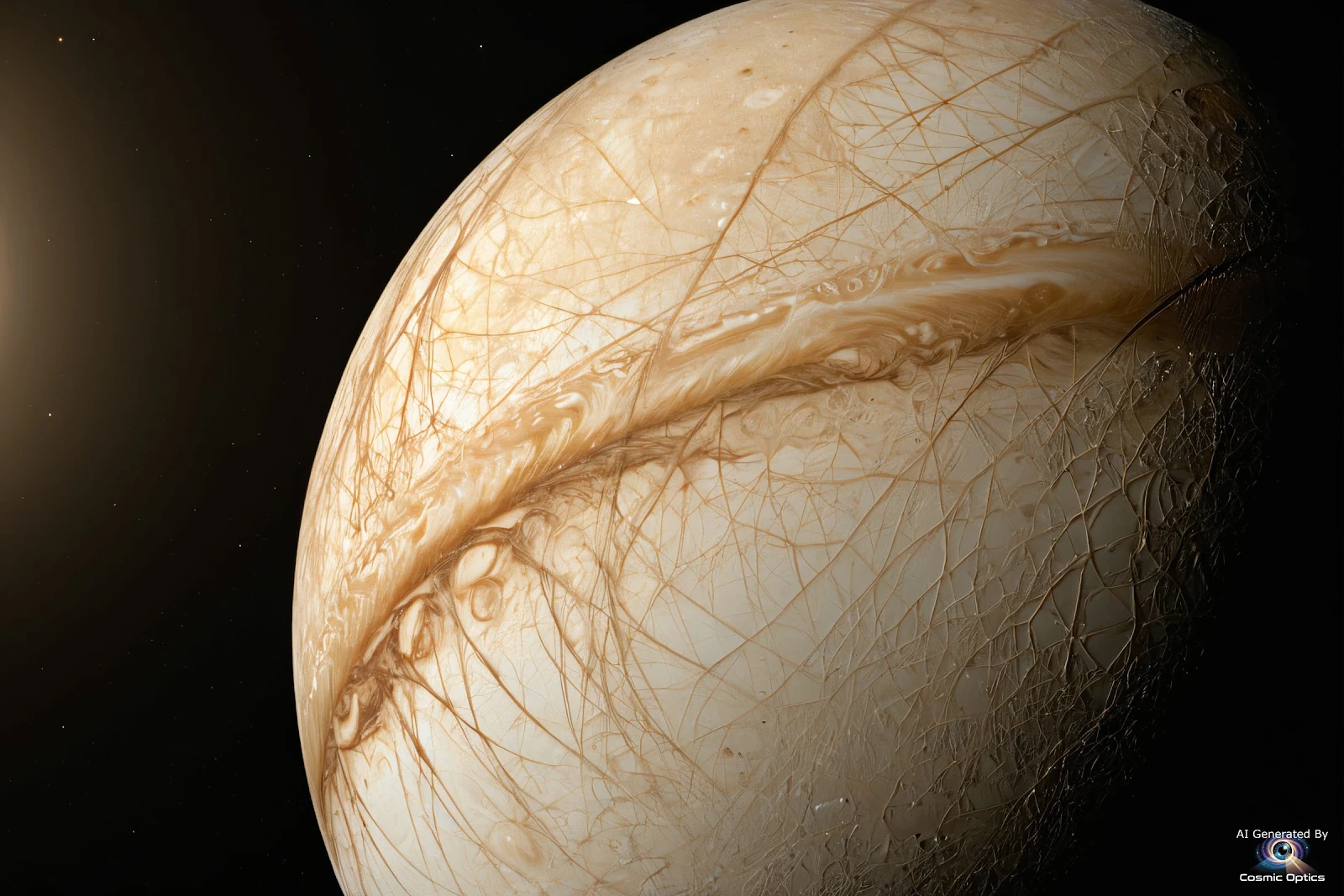 An authentic, photorealistic astronomical photograph of Jupiter's moon Europa in deep space. A highl_00018