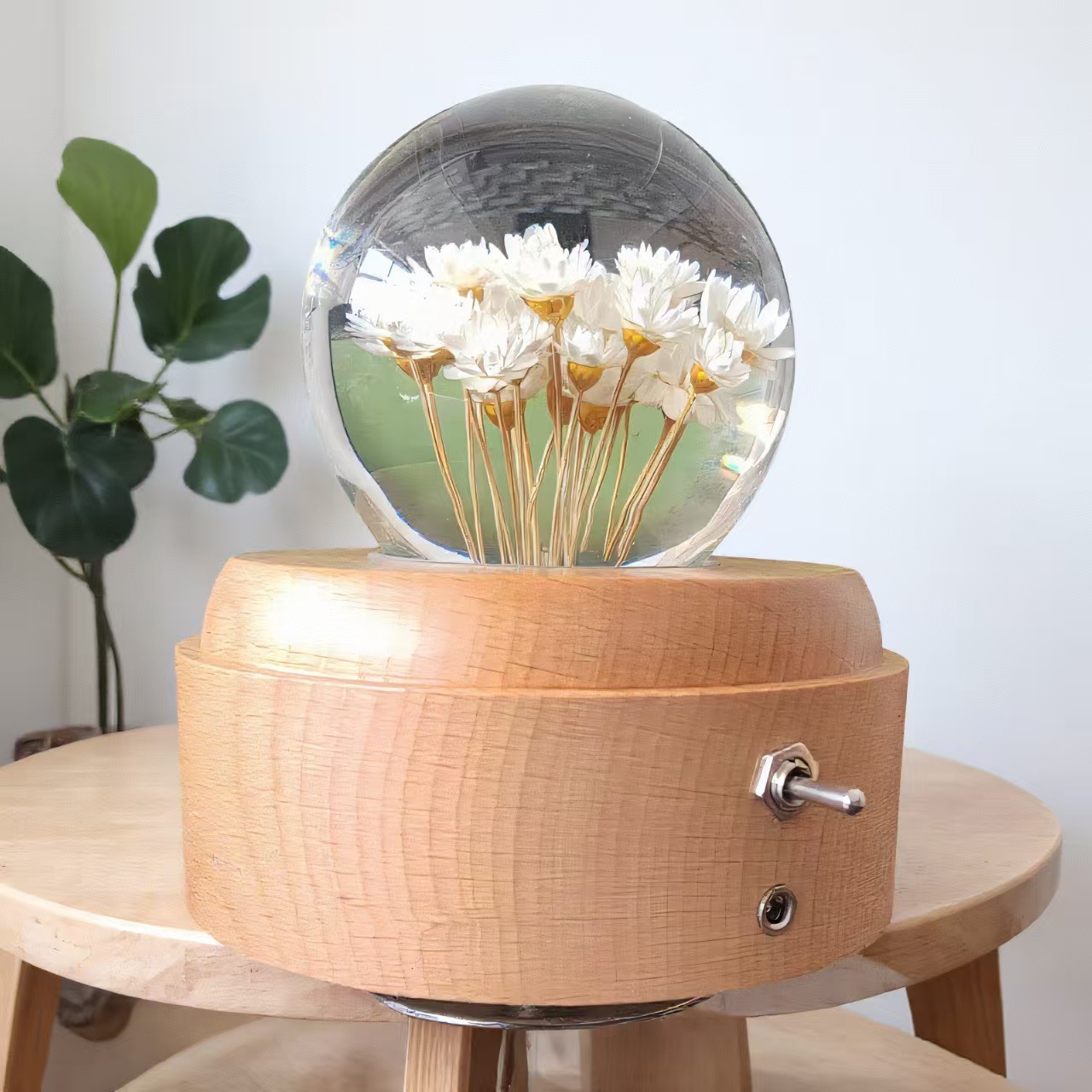 Crystal Ball Music Box with Rotating Base and Dried Flowers