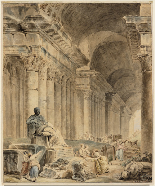 Gewölbte Säulengalerie mit antikischer Sitzstatue ca 1773