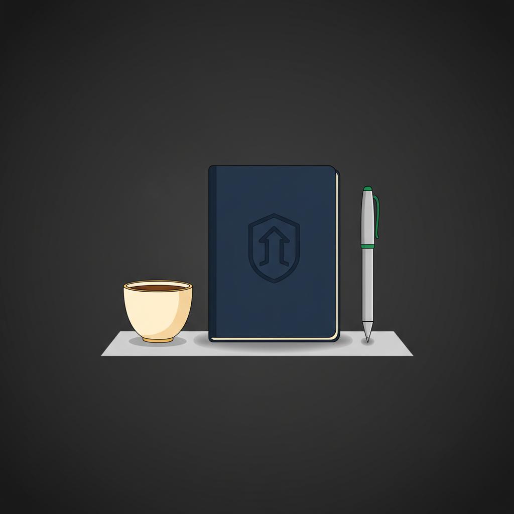 Minimalist 2D vector workspace for first time investment showing a closed notebook with embossed finance icon pen and coffee cup on dark #0f0f0f background with subtle #4aa568 and #e6bb5b accents