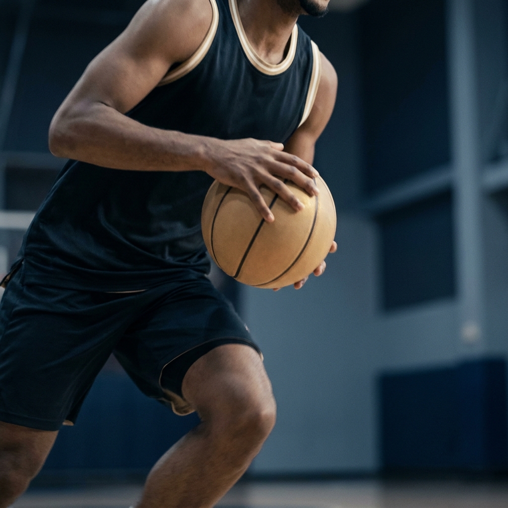 Close up editorial shot of a basketball guard driving to the basket slightly desaturated minimalist composition in Funded Plays palette nba mip odds
