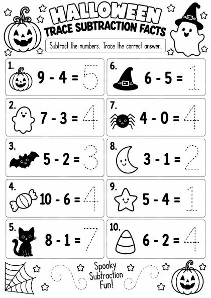 Halloween Trace Subtraction Facts