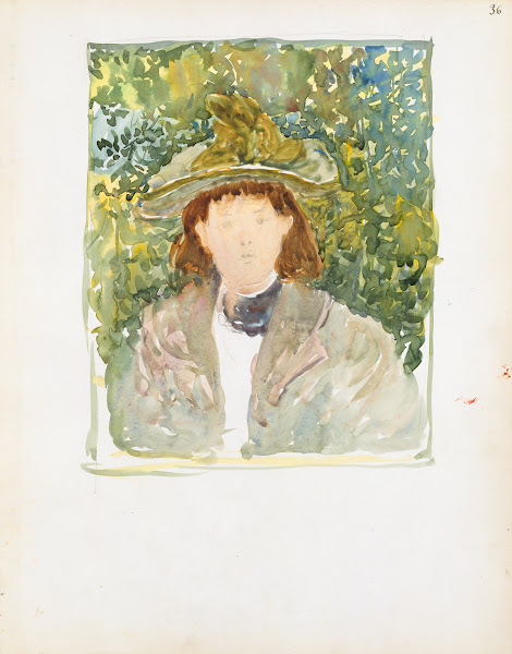 A woman with red hair wearing a green plumed hat 18951897