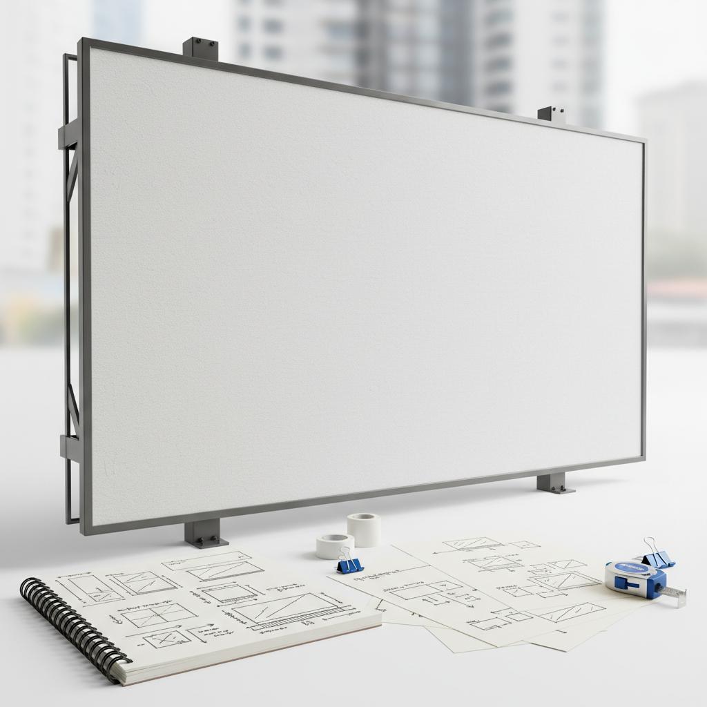 Studio close-up of a large-format billboard mockup with designer sketches and measuring tools in brand colors on a white background, showing out of home advertising planning