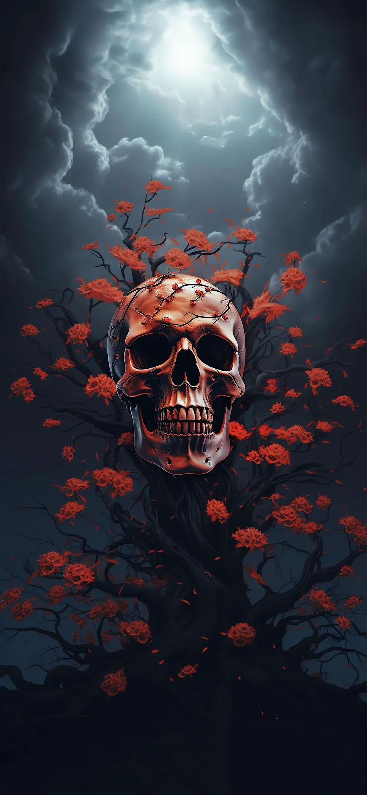 Skull Growing From Flowering Tree - Dark Fantasy Art 2K iPhone Wallpaper (1720x3726)