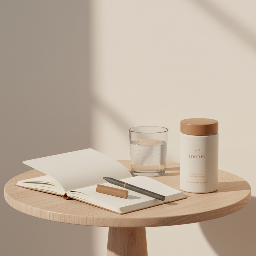 Minimalist close-up of Motus supplement jar on wooden bedside table with notebook, pen and glass of water in soft morning light; best weight loss pills