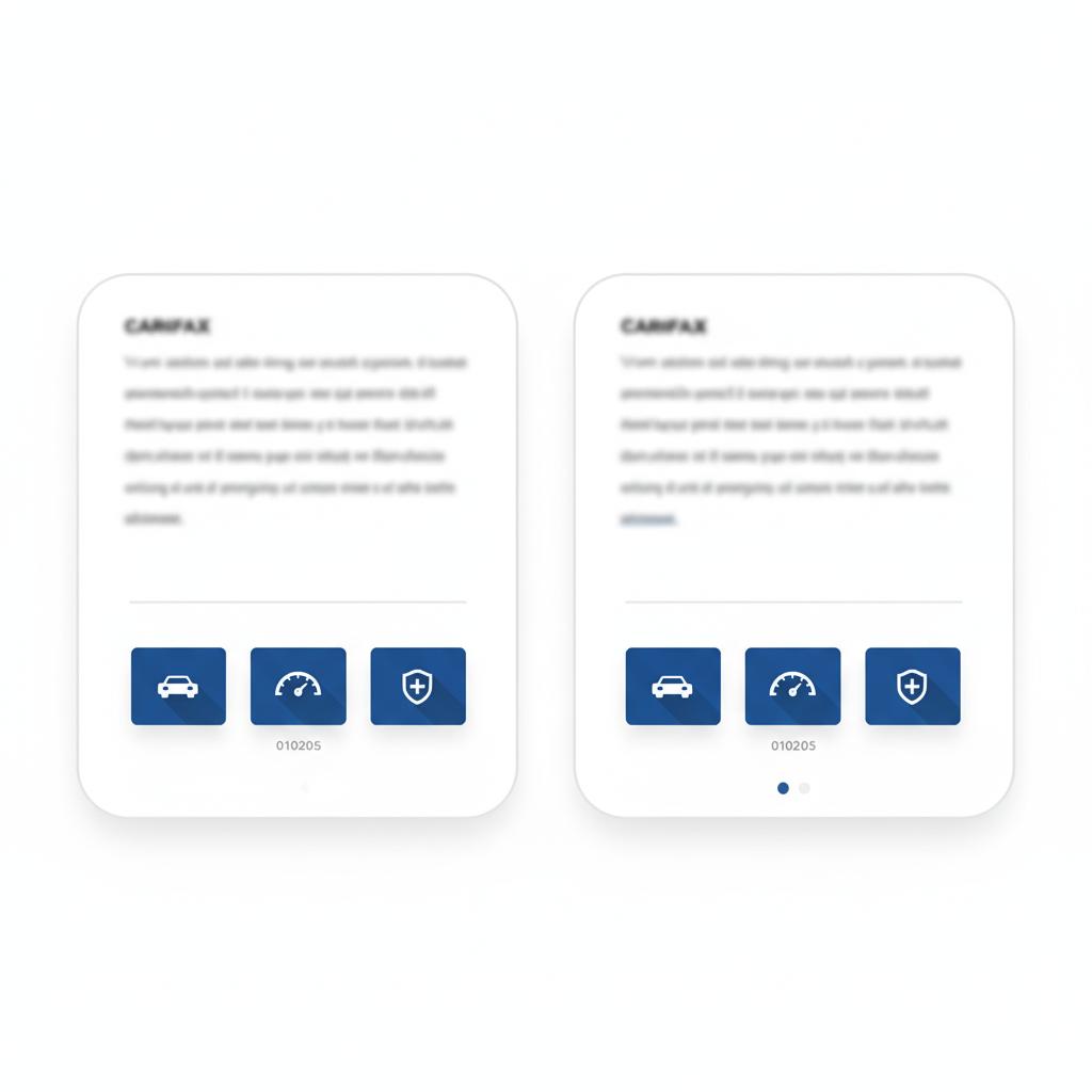Minimalist 2D vector of two side by side blurred dealer listing mockups with highlighted trim mileage and title status chips showing comparison kelley blue book value truck