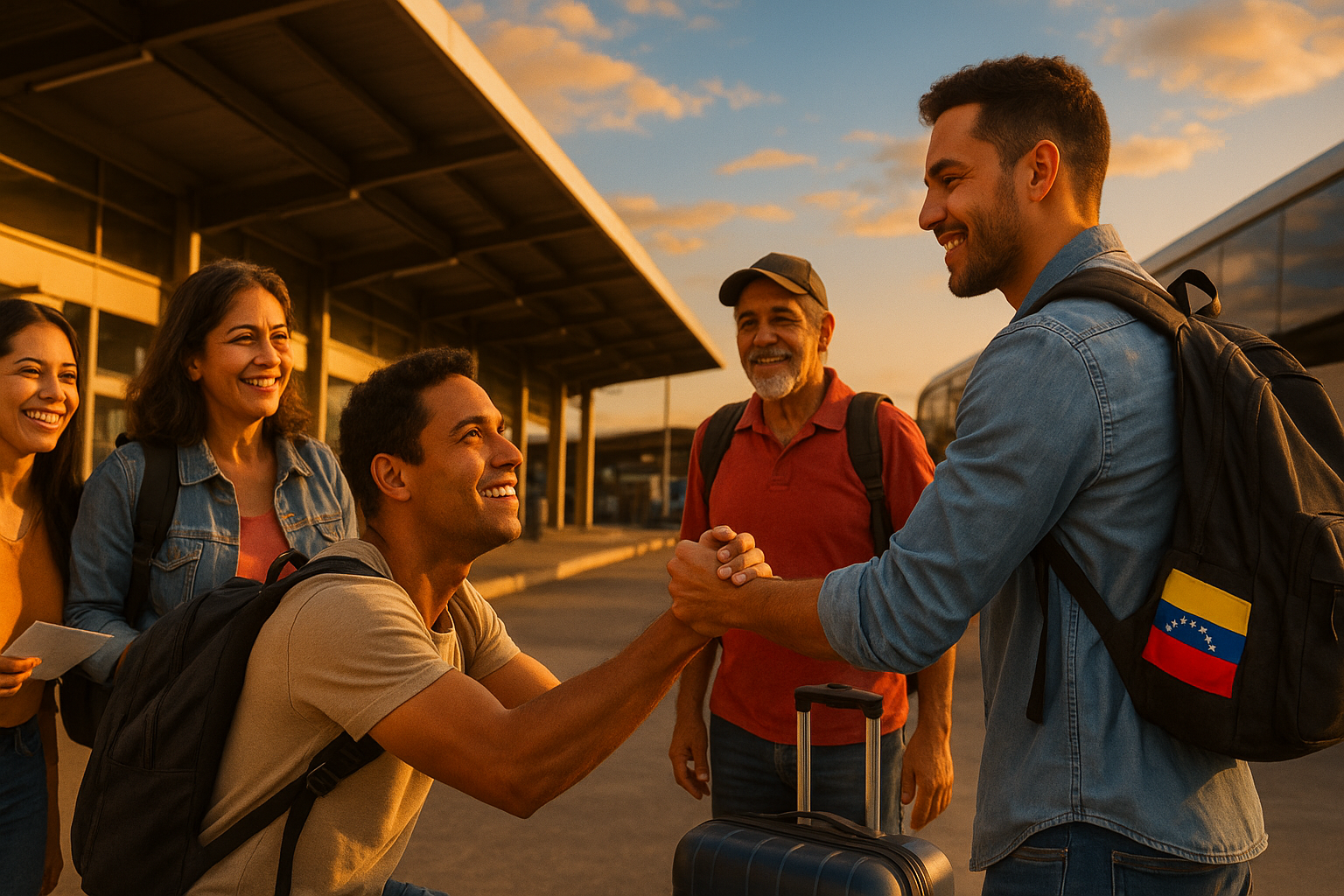 Grupo de venezolanos ayudándose en una estación urbana, gesto de bienvenida