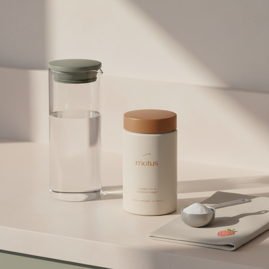 Motus supplement jar on a pale kitchen countertop with a measured scoop and filtered water carafe, showcasing fat burners for sustainable weight loss in a minimalist Tonum style.