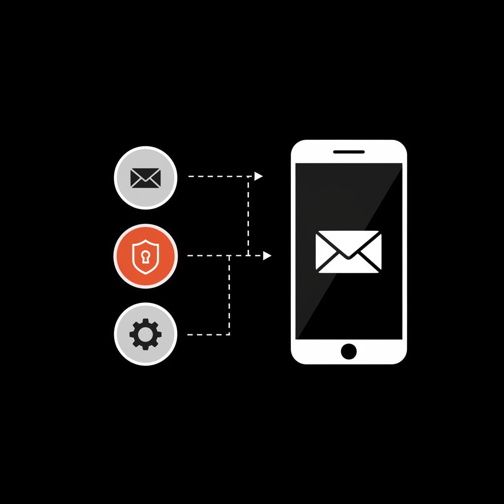 Minimal vector infographic of a phone with envelope, shield and gear icons illustrating reset email password on phone using Social Success Hub brand colors.
