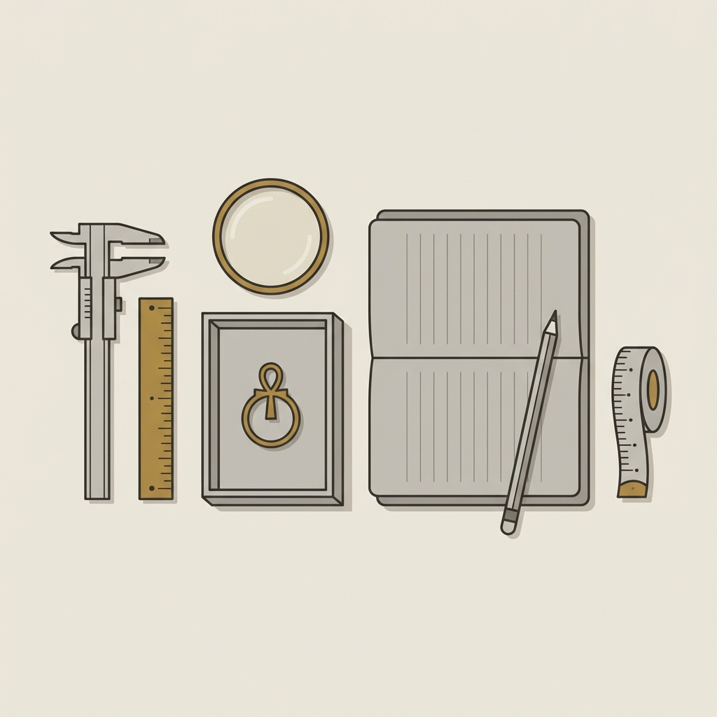 Minimalist 2D vector of a curator workspace featuring an ankh ring under a magnifier caliper ruler and open provenance notes on a warm cream background