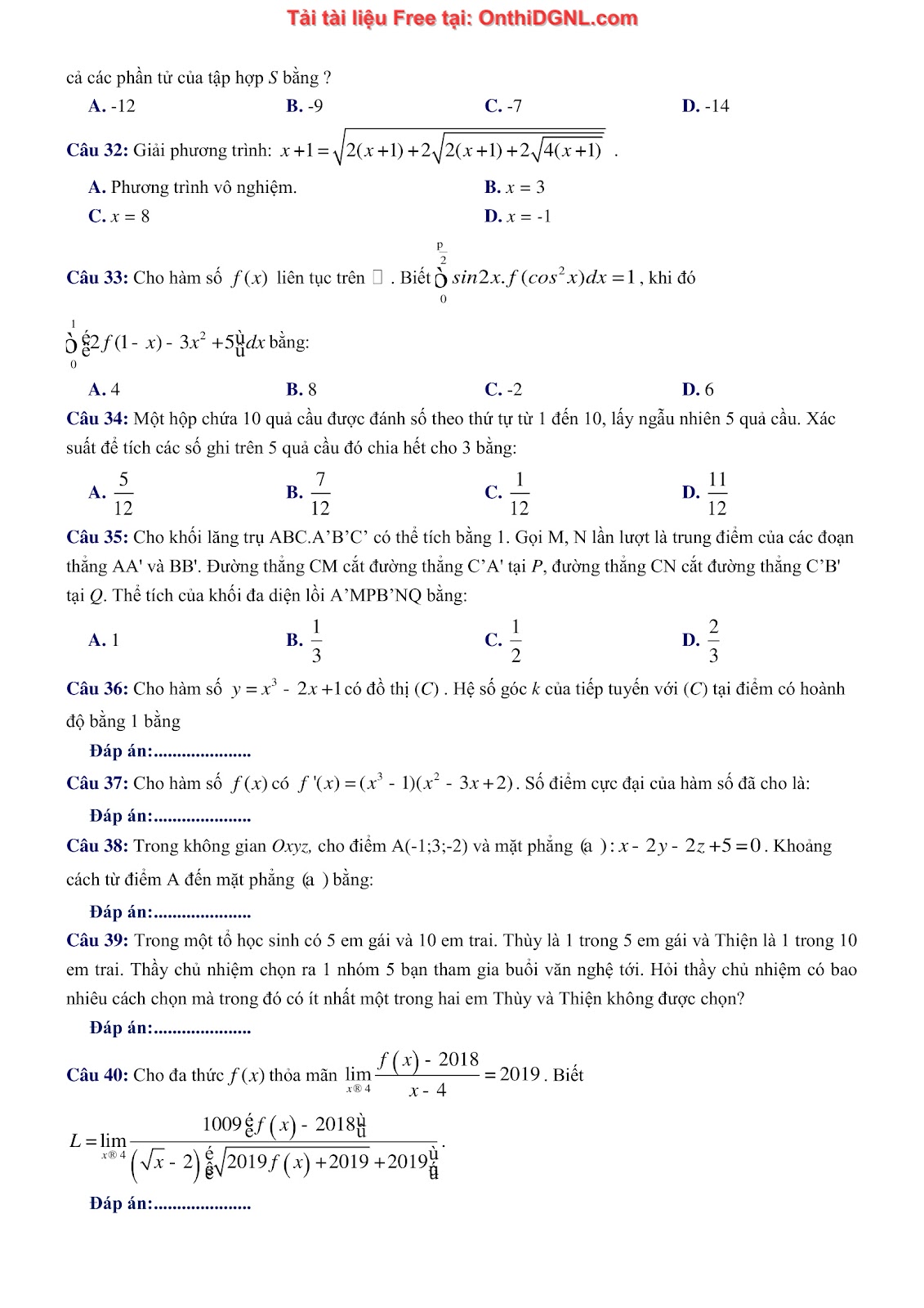 1300 bài tập môn Toán - Ôn thi ĐGNL ĐHQG Hà Nội Phần 14