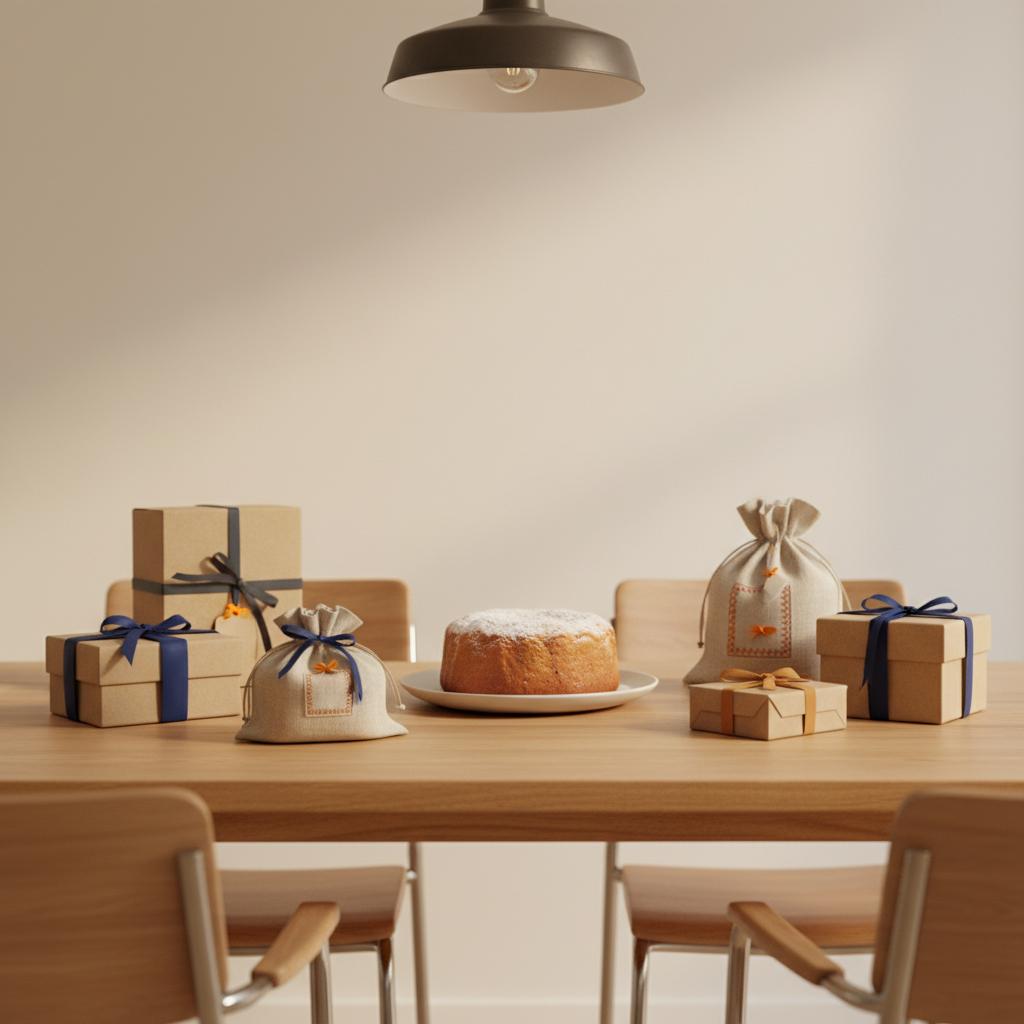 Intime Esstischszene mit originelle geschenke: kleine Geschenkboxen, einfacher Vanillekuchen, warmes Licht und dezente Industrieakzente, minimalistisches Styling.