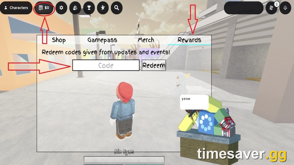 Jujutsu Shenanigans Shop menu with the Rewards / Codes tab where you redeem codes