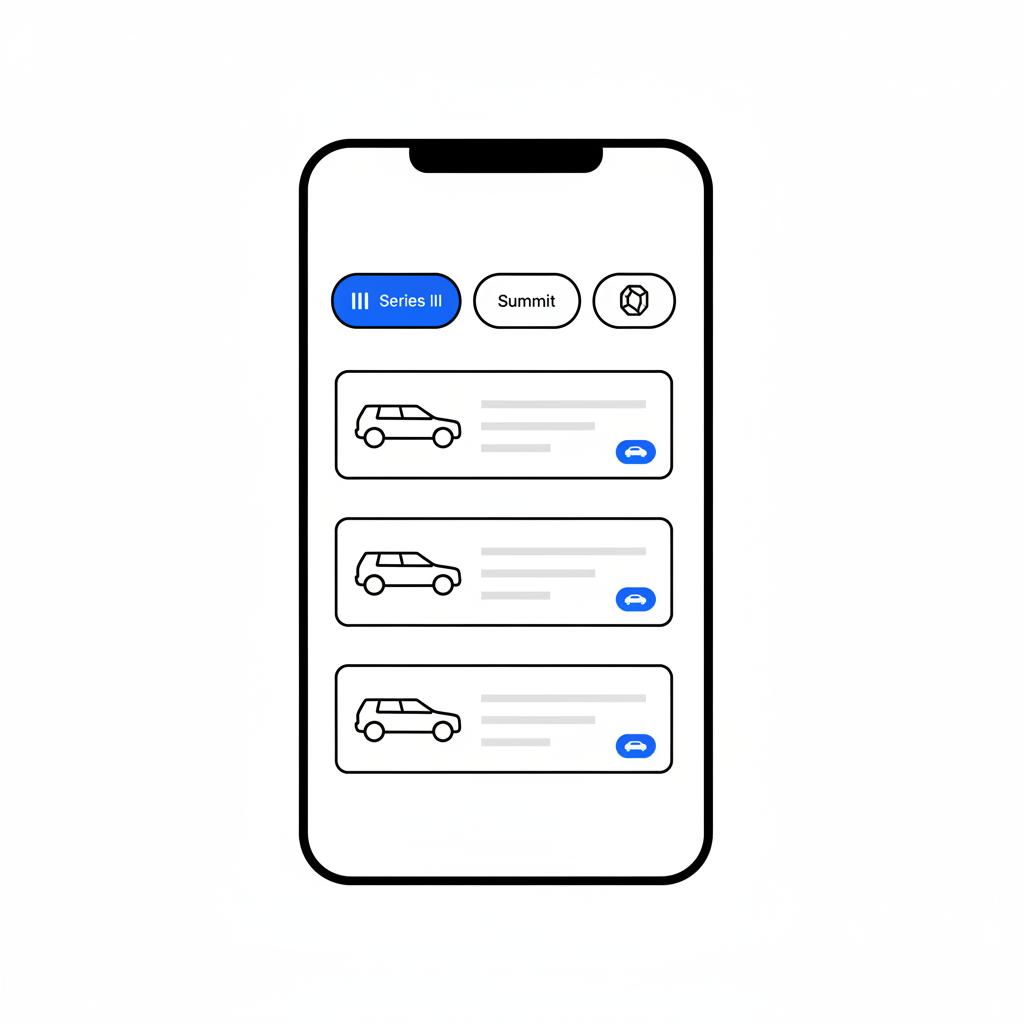 Minimalist 2D vector mobile inventory screen with three selected filter chips representing Series III Summit Obsidian trims on white background car dealership near me jeep
