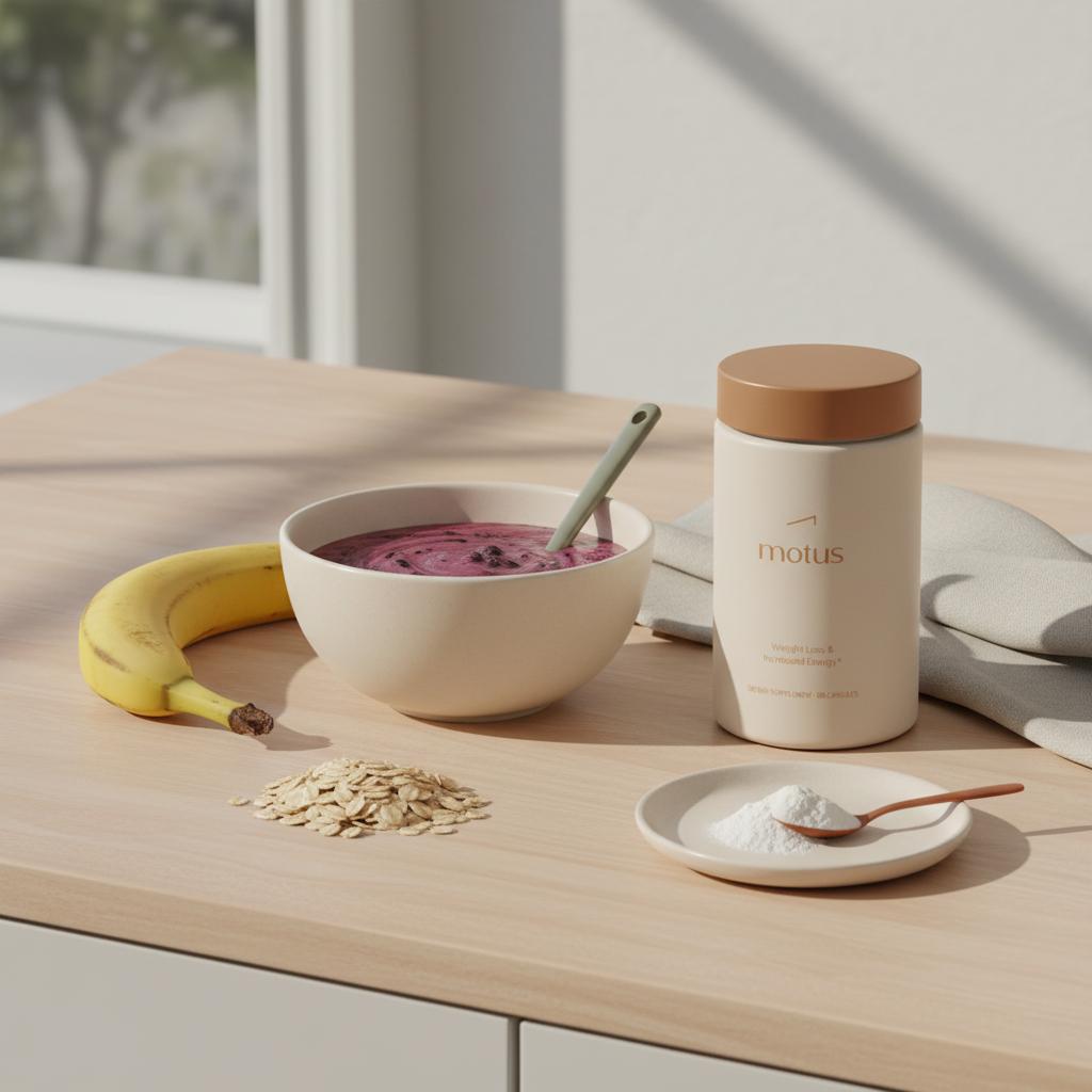 Minimalist kitchen scene with a half-assembled smoothie bowl, banana, oats and a dish of whey powder beside a Tonum container, illustrating whey protein side effects context.