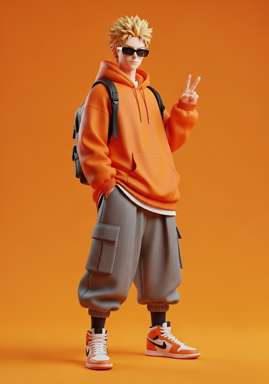 Anime Streetwear Character Orange Hoodie Pose