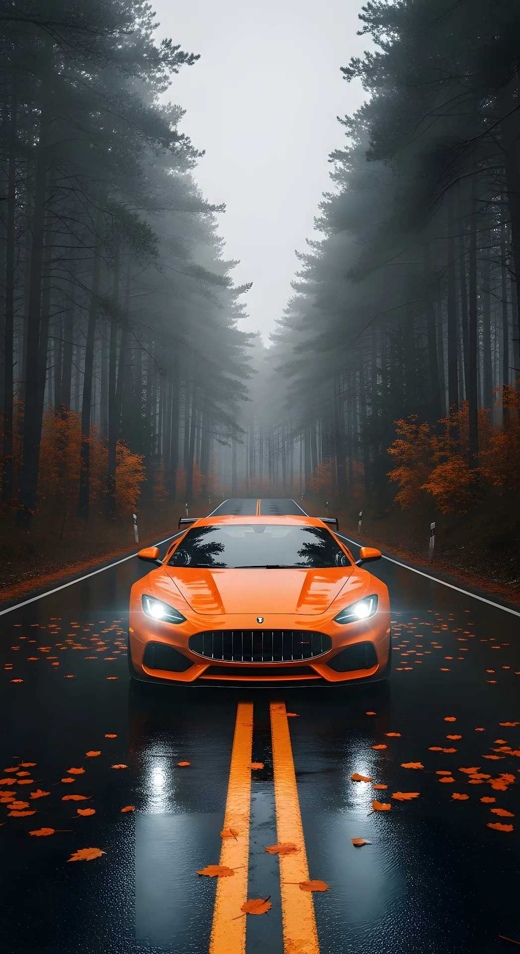 Cinematic Shot of Bright Orange Sports Car on Wet Road in Foggy Forest - Free 4K mobile Wallpaper