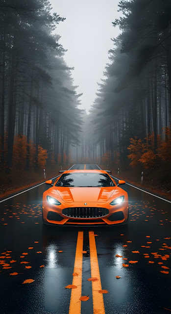 Cinematic Shot of Bright Orange Sports Car on Wet Road in Foggy Forest - Free mobile Wallpaper