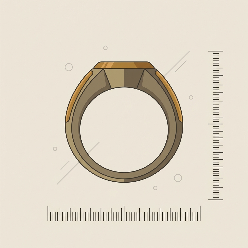 Minimal 2D vector side profile of a medieval bronze ring on a neutral background #ede7da with a subtle measuring scale and warm accent highlights