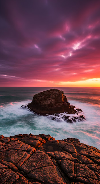 Dramatic Sunset over Coastal Rock Formations and Crashing Waves - Free mobile Wallpaper